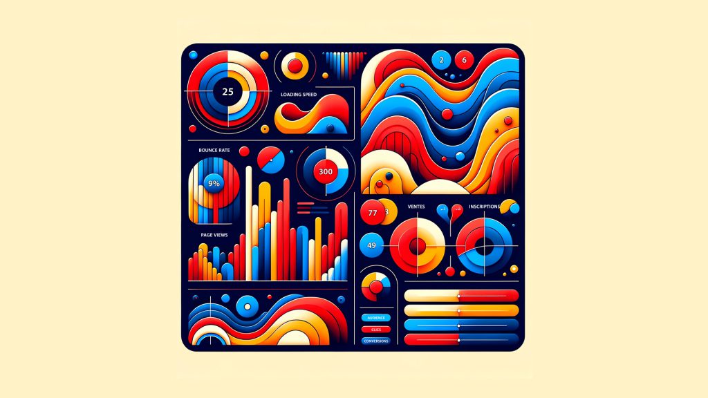 Tableau de bord coloré et minimaliste d'analyse de site web web illustrant divers indicateurs de performance