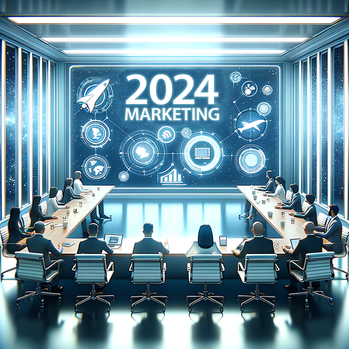 Illustration de professionnels dans une salle de conférence marketing de 2024 située dans une station spatiale.