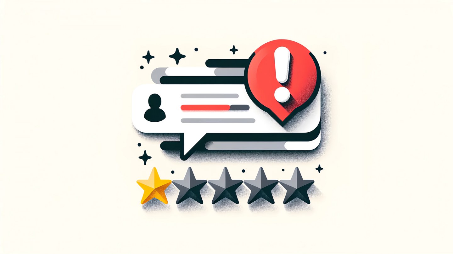 Alerte d'avis négatif avec point d'exclamation rouge, bulle de dialogue avec étoiles et lignes stylisées représentant un commentaire.