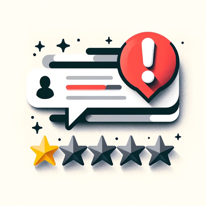 Alerte d'avis négatif avec point d'exclamation rouge, bulle de dialogue avec étoiles et lignes stylisées représentant un commentaire.