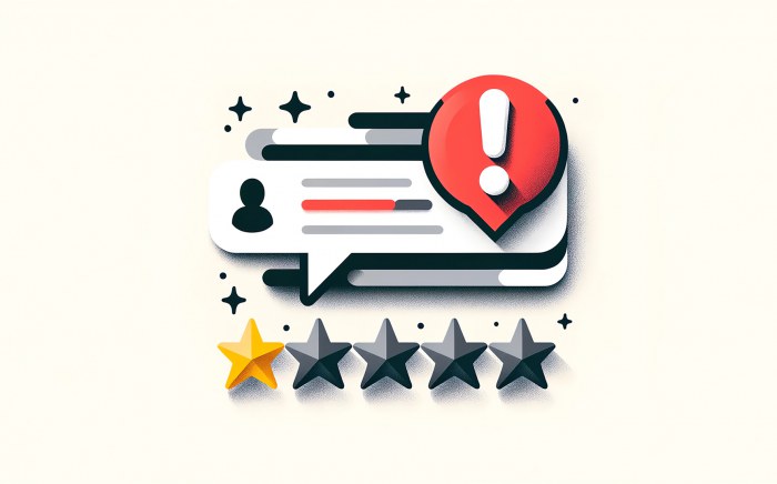 Alerte d'avis négatif avec point d'exclamation rouge, bulle de dialogue avec étoiles et lignes stylisées représentant un commentaire.