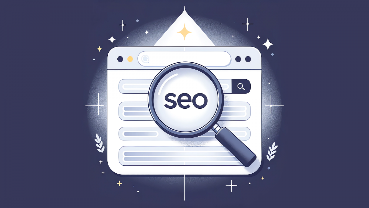 Page de résultats Google avec loupe zoomant le mot-clé pour ''SEO''