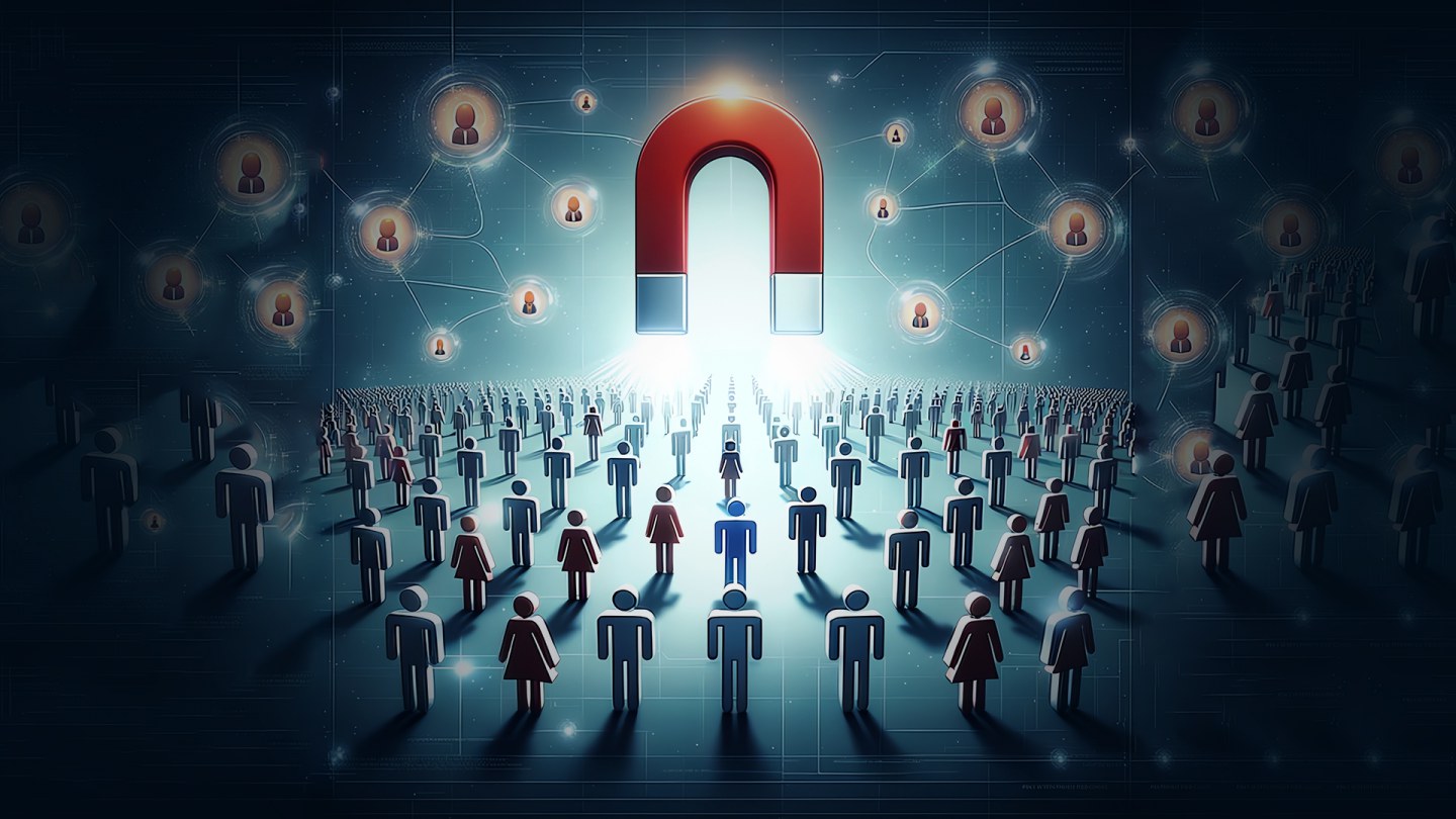 Aimant attirant des icônes de personnes, symbolisant les clients potentiels avec une mise en avant des leads qualifiés dans le marketing digital.