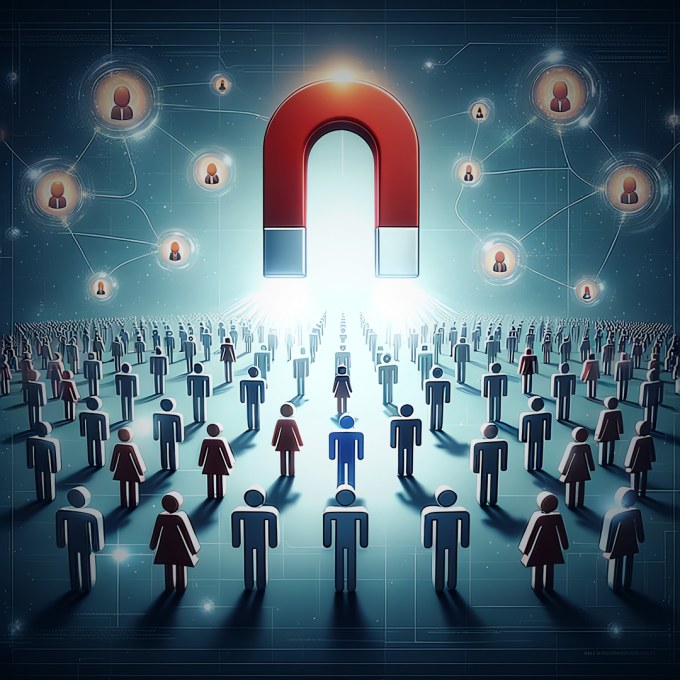 Aimant attirant des icônes de personnes, symbolisant les clients potentiels avec une mise en avant des leads qualifiés dans le marketing digital.