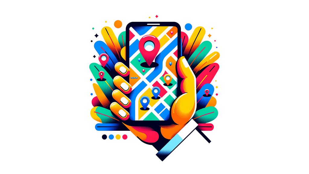 Main tenant un smartphone affichant une carte Google Maps avec des épingles d'entreprises locales optimisées via Google Business Profile.